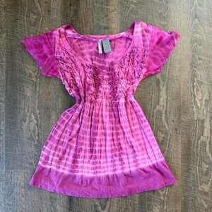 Y2K Boho Tie Dye Babydoll Top | Pink Smocked Flutter Sleeve | Size Small